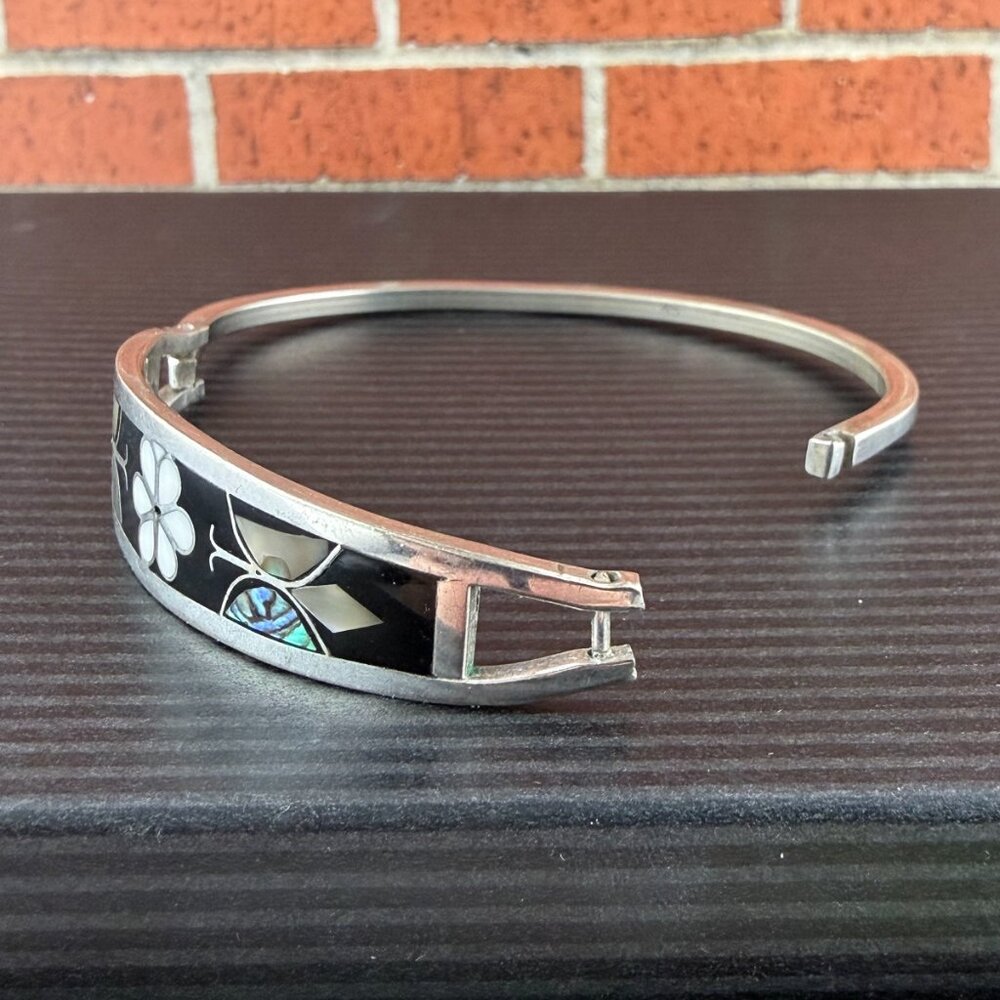 Vintage Taxco Mexico Sterling Silver Inlay Bangle Bracelet Mother of Pearl Abalo - Picture 3 of 6